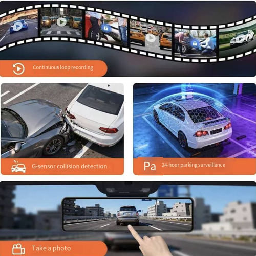 Touchscreen WIFI dual-recording dashboard camera, rearview mirror style, simultaneously records the front and rear scenes of the vehicle. Supports touchscreen control, mobile WIFI connection, loop recording and collision lock. Installation is simple. The images serve as driving reference. Do not frequently operate the equipment while driving. Regularly maintain the memory card to avoid long-term exposure to sunlight.
