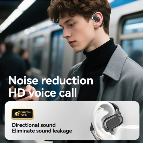 Over-ear open-type Bluetooth headphones, with non-inferior ear hooks design, allowing for the preservation of ambient sounds. Equipped with a digital display and large-capacity charging case, which can also serve as an emergency power bank. Bluetooth connection, supporting call cuts and song skips. The open design may cause sound leakage. The wearing experience varies from person to person. Suitable for sports, commuting, and office scenarios.