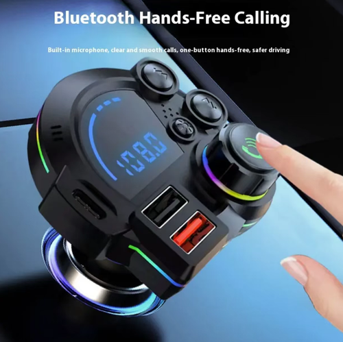 Car-mounted Bluetooth FM transmitter, powered by cigarette lighter, with digital display screen for viewing frequency and battery voltage, equipped with RGB ambiance light. Supports Bluetooth music, USB playback, hands-free calling, and simultaneous charging of multiple interfaces. FM is susceptible to radio interference and can be switched to a different frequency band. Suitable for vehicles without Bluetooth that are originally equipped.
