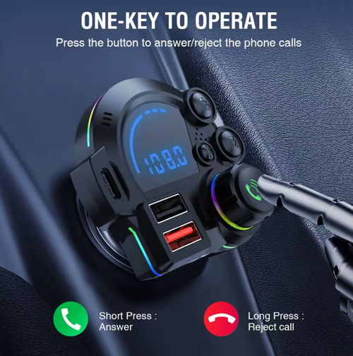 Car-mounted Bluetooth FM transmitter, powered by cigarette lighter, with digital display screen for viewing frequency and battery voltage, equipped with RGB ambiance light. Supports Bluetooth music, USB playback, hands-free calling, and simultaneous charging of multiple interfaces. FM is susceptible to radio interference and can be switched to a different frequency band. Suitable for vehicles without Bluetooth that are originally equipped.