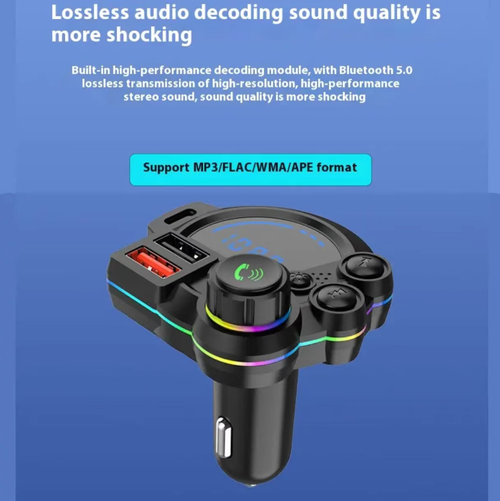 Car-mounted Bluetooth FM transmitter, powered by cigarette lighter, with digital display screen for viewing frequency and battery voltage, equipped with RGB ambiance light. Supports Bluetooth music, USB playback, hands-free calling, and simultaneous charging of multiple interfaces. FM is susceptible to radio interference and can be switched to a different frequency band. Suitable for vehicles without Bluetooth that are originally equipped.