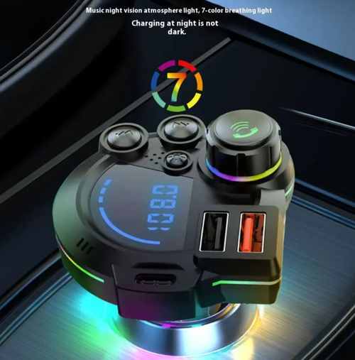 Car-mounted Bluetooth FM transmitter, powered by cigarette lighter, with digital display screen for viewing frequency and battery voltage, equipped with RGB ambiance light. Supports Bluetooth music, USB playback, hands-free calling, and simultaneous charging of multiple interfaces. FM is susceptible to radio interference and can be switched to a different frequency band. Suitable for vehicles without Bluetooth that are originally equipped.