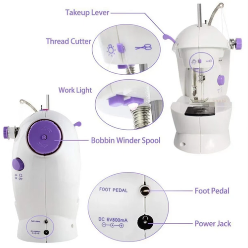 A household mini electric sewing machine, compact in size, with dual-thread and dual-speed adjustable function, pedal control, and built-in LED lighting. Comes with a complete set of sewing accessories. Suitable for patching thin fabric and DIY projects. Not suitable for thick and hard fabrics. For beginners, it is recommended to try sewing and adjusting the thread first to meet basic sewing needs at home.