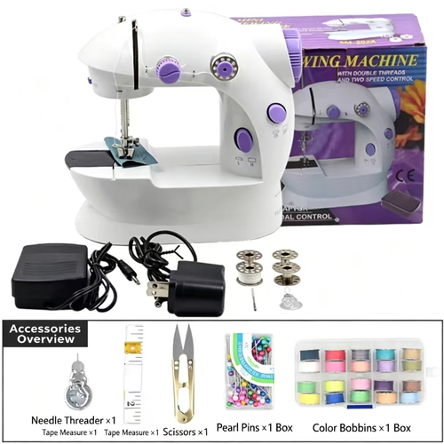A household mini electric sewing machine, compact in size, with dual-thread and dual-speed adjustable function, pedal control, and built-in LED lighting. Comes with a complete set of sewing accessories. Suitable for patching thin fabric and DIY projects. Not suitable for thick and hard fabrics. For beginners, it is recommended to try sewing and adjusting the thread first to meet basic sewing needs at home.
