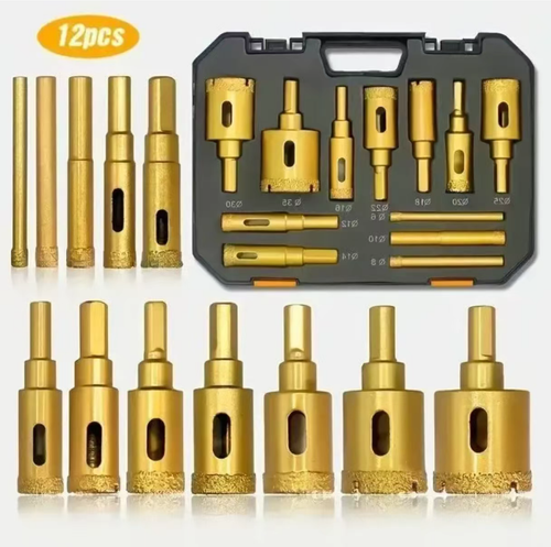 12-piece brazed diamond hole punch set, compatible with electric drills, used for drilling holes in tiles, granite slabs, marble, and glass, suitable for dry drilling. Multiple hole diameters are available with a storage toolbox. For hard and brittle materials, it is recommended to feed at a low speed and steadily. It is suitable for home decoration stone hole drilling construction. It is a practical tool for drilling holes in hard and brittle materials.