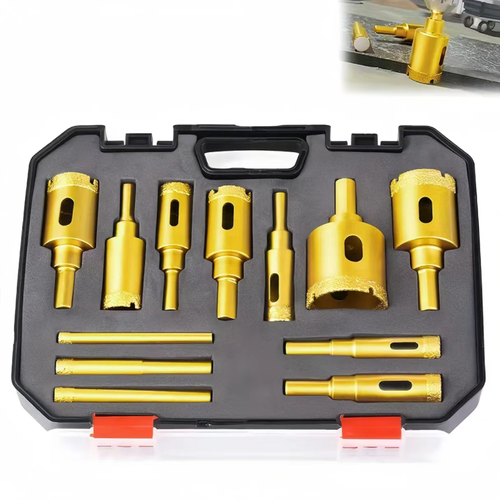 12-piece brazed diamond hole punch set, compatible with electric drills, used for drilling holes in tiles, granite slabs, marble, and glass, suitable for dry drilling. Multiple hole diameters are available with a storage toolbox. For hard and brittle materials, it is recommended to feed at a low speed and steadily. It is suitable for home decoration stone hole drilling construction. It is a practical tool for drilling holes in hard and brittle materials.
