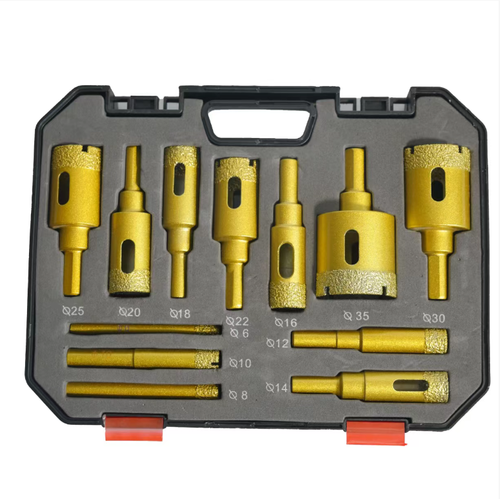 12-piece brazed diamond hole punch set, compatible with electric drills, used for drilling holes in tiles, granite slabs, marble, and glass, suitable for dry drilling. Multiple hole diameters are available with a storage toolbox. For hard and brittle materials, it is recommended to feed at a low speed and steadily. It is suitable for home decoration stone hole drilling construction. It is a practical tool for drilling holes in hard and brittle materials.