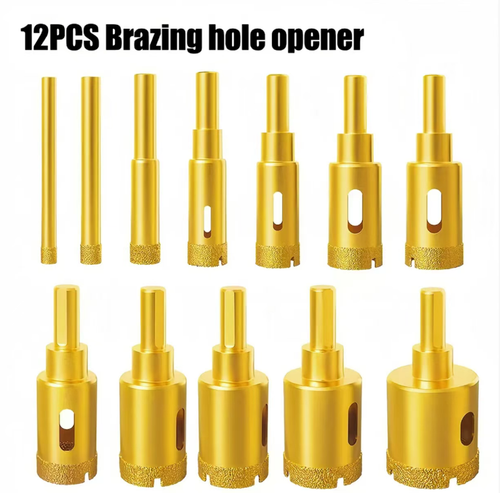 12-piece brazed diamond hole punch set, compatible with electric drills, used for drilling holes in tiles, granite slabs, marble, and glass, suitable for dry drilling. Multiple hole diameters are available with a storage toolbox. For hard and brittle materials, it is recommended to feed at a low speed and steadily. It is suitable for home decoration stone hole drilling construction. It is a practical tool for drilling holes in hard and brittle materials.