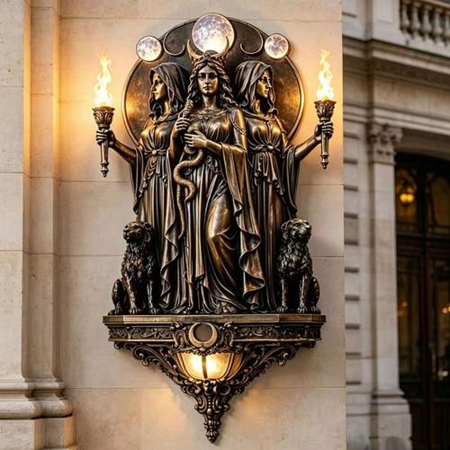 Hecate Triple Goddess Resin Wall Lamp. The resin has an antique bronze texture and rich detailed engravings. It features classic elements such as the moon phase and hunting dogs. There are simulated flames emitting warm light on both sides, serving as supplementary ambient lighting. It can be wall-mounted and is suitable for use in retro living rooms or as wall decorations in distinctive stores. It is purely for decoration and should not be used as the main light source.