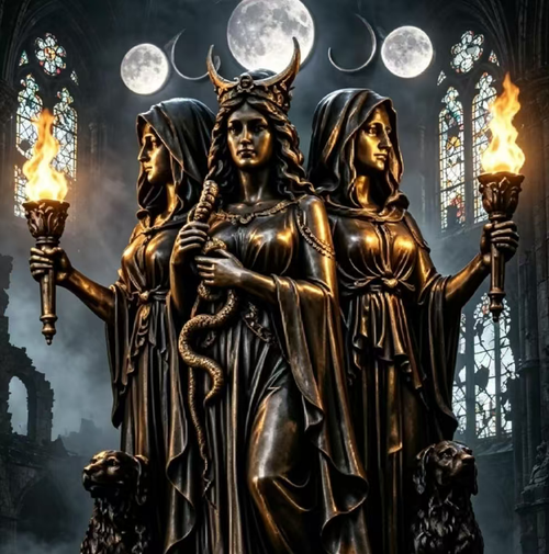 Hecate Triple Goddess Resin Wall Lamp. The resin has an antique bronze texture and rich detailed engravings. It features classic elements such as the moon phase and hunting dogs. There are simulated flames emitting warm light on both sides, serving as supplementary ambient lighting. It can be wall-mounted and is suitable for use in retro living rooms or as wall decorations in distinctive stores. It is purely for decoration and should not be used as the main light source.