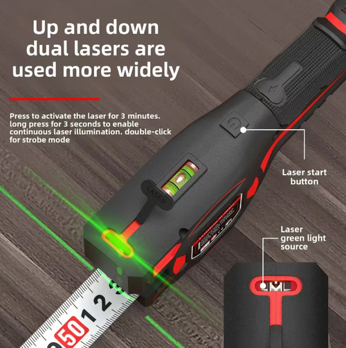 Two-in-One Laser Tape Measure, integrating the functions of a steel tape measure and laser distance measurement, with a level bubble. The steel tape measure is used for contact-based short-distance measurement, while the laser performs non-contact long-distance measurement. The anti-slip body is convenient for handheld use and easy to store and carry. It is suitable for on-site surveying in decoration and woodworking.