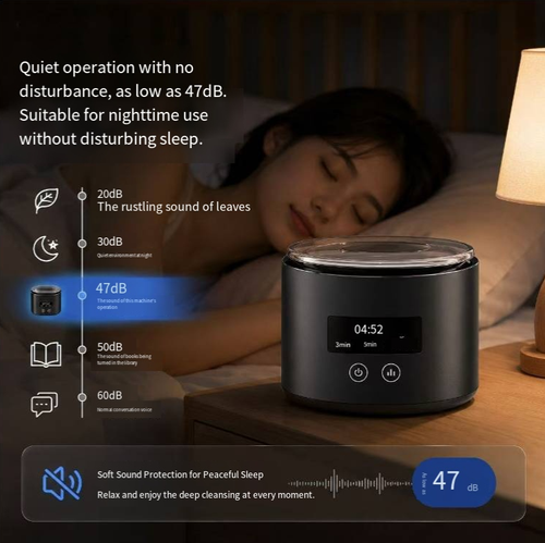 Ultrasonic dental appliance cleaner, with multiple speed settings and timer options, featuring a digital display screen and a transparent dust-proof cover. It uses ultrasonic vibration to clean the gaps of dental appliances, dentures, and retainers, removing residues. The operation is simple. It is only for daily auxiliary cleaning and does not equal medical disinfection. It needs to be used in conjunction with the correct maintenance method.