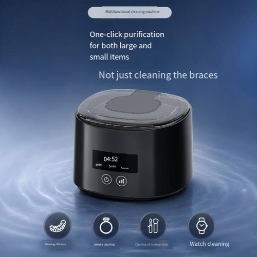 Ultrasonic dental appliance cleaner, with multiple speed settings and timer options, featuring a digital display screen and a transparent dust-proof cover. It uses ultrasonic vibration to clean the gaps of dental appliances, dentures, and retainers, removing residues. The operation is simple. It is only for daily auxiliary cleaning and does not equal medical disinfection. It needs to be used in conjunction with the correct maintenance method.