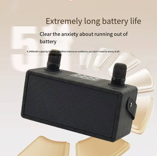 A Bluetooth speaker for karaoke, equipped with two wireless microphones, has a fabric casing and a portable carrying strap. It supports Bluetooth, USB, and memory card playback, offers stereo output, and comes with various singing effects. The built-in battery can be used without power supply, making it suitable for family gatherings and short outdoor activities. It is not suitable for large venues, and high volume can cause distortion.