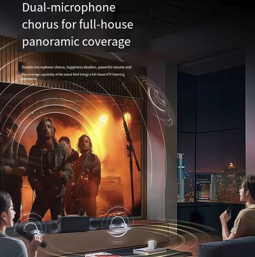 A Bluetooth speaker for karaoke, equipped with two wireless microphones, has a fabric casing and a portable carrying strap. It supports Bluetooth, USB, and memory card playback, offers stereo output, and comes with various singing effects. The built-in battery can be used without power supply, making it suitable for family gatherings and short outdoor activities. It is not suitable for large venues, and high volume can cause distortion.