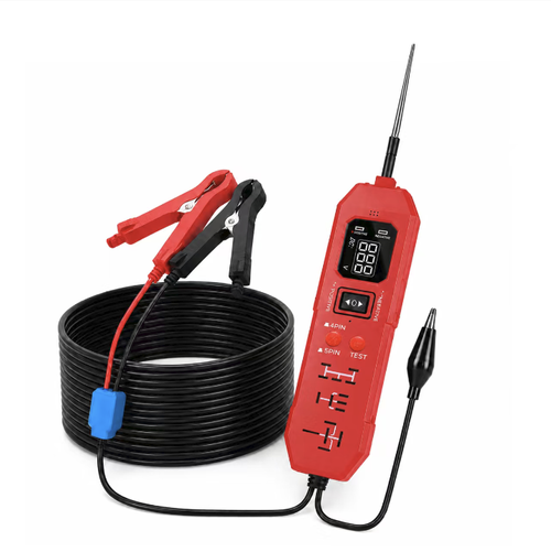 Two-in-one automotive circuit relay diagnostic instrument, capable of detecting 4PIN and 5PIN relays, with a digital display screen for voltage reading. Equipped with an extended cable and battery clamp, the probe can detect circuit continuity and identify positive and negative poles. Suitable for fuel vehicle maintenance. The casing is resistant to bumps. It is only for fault auxiliary diagnosis. Maintenance must follow automotive repair safety regulations.