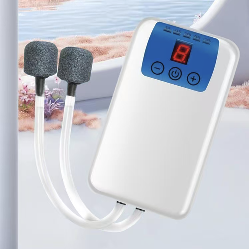 Dual-charging dual-oxygenation pump, designed with AC DC lithium batteries, four exhaust outlets with a digital display screen, equipped with a hook for easy hanging. The intermittent mode can last up to 120 hours. It comes with a complete set of accessories including air tubes and check valves, and is suitable for home fish tanks, outdoor fishing emergency oxygenation. Please note to install it properly to prevent backflow.