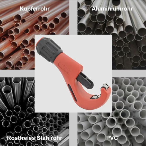 Bearings-based pipe cutter, with a cutting range of 6 - 70 millimeters, suitable for copper pipes, aluminum pipes, and stainless steel pipes. Equipped with smooth rolling bearings and wheels, the tail feed knob adjusts the pressure, and it comes with a deburring scraper. The C-shaped opening facilitates the clamping of pipes, and the blade is a consumable part, suitable for maintenance operations of water, heating, and air conditioning pipe systems.