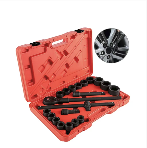 This heavy-duty socket tool set includes a ratchet wrench, hexagonal and twelve-sided socket sets, an extension rod and a universal joint, and is suitable for manual and pneumatic operation. The steel is blackened for enhanced strength and durability. It comes with a customized tool box for easy storage and is suitable for the assembly and disassembly of large-sized fasteners in vehicles, construction machinery, etc.