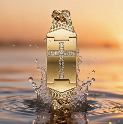 Gold flip-top ladies' quartz watch, with a retro and luxurious style. The inner side of the flip cover features decorative text. The dial is marked with diamond points. The diamond-studded metal chain strap allows for adjustable size. The quartz movement ensures basic timing. It is only water-resistant for daily use and should be kept away from hard impacts. It is suitable for daily wear and as a gift.