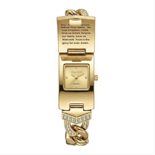 Gold flip-top ladies' quartz watch, with a retro and luxurious style. The inner side of the flip cover features decorative text. The dial is marked with diamond points. The diamond-studded metal chain strap allows for adjustable size. The quartz movement ensures basic timing. It is only water-resistant for daily use and should be kept away from hard impacts. It is suitable for daily wear and as a gift.