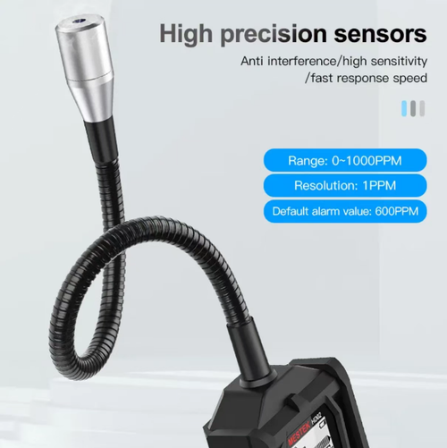 Halogen gas leak detector. The digital display screen enables intuitive reading of detection data. The flexible and bendable probe can be inserted into narrow gaps for detecting leaks of halogen gases such as air conditioning refrigerants and freon. It is equipped with a storage bag for easy use during outdoor repairs. The probe needs to be protected. It is suitable for maintenance work on refrigeration equipment.