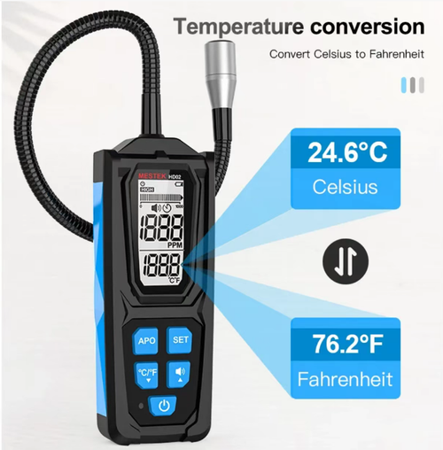 Halogen gas leak detector. The digital display screen enables intuitive reading of detection data. The flexible and bendable probe can be inserted into narrow gaps for detecting leaks of halogen gases such as air conditioning refrigerants and freon. It is equipped with a storage bag for easy use during outdoor repairs. The probe needs to be protected. It is suitable for maintenance work on refrigeration equipment.