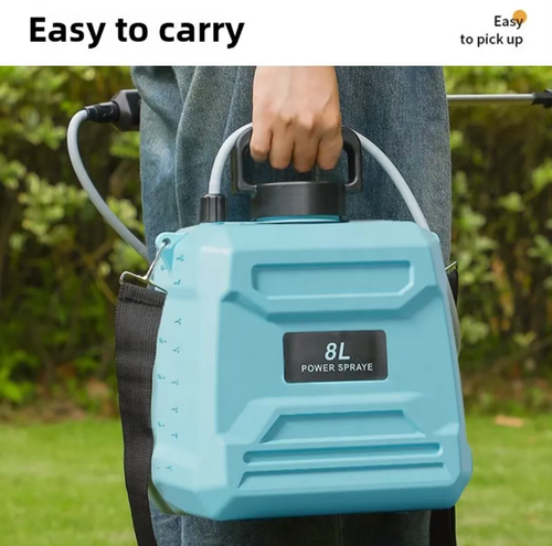 8L electric sprayer, Type-C charging does not require manual inflation. Equipped with adjustable shoulder strap, extended spray pole and multiple interchangeable nozzles, it supports various water output modes. Suitable for watering flowers, vegetable garden spraying. Do not add strong corrosive liquids. After use, flush the pipeline. The battery is a consumable part. Avoid direct sunlight and suitable for household gardening operations.