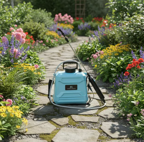 8L electric sprayer, Type-C charging does not require manual inflation. Equipped with adjustable shoulder strap, extended spray pole and multiple interchangeable nozzles, it supports various water output modes. Suitable for watering flowers, vegetable garden spraying. Do not add strong corrosive liquids. After use, flush the pipeline. The battery is a consumable part. Avoid direct sunlight and suitable for household gardening operations.