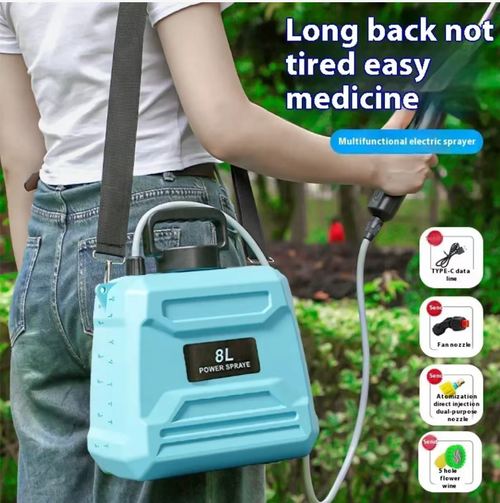 8L electric sprayer, Type-C charging does not require manual inflation. Equipped with adjustable shoulder strap, extended spray pole and multiple interchangeable nozzles, it supports various water output modes. Suitable for watering flowers, vegetable garden spraying. Do not add strong corrosive liquids. After use, flush the pipeline. The battery is a consumable part. Avoid direct sunlight and suitable for household gardening operations.