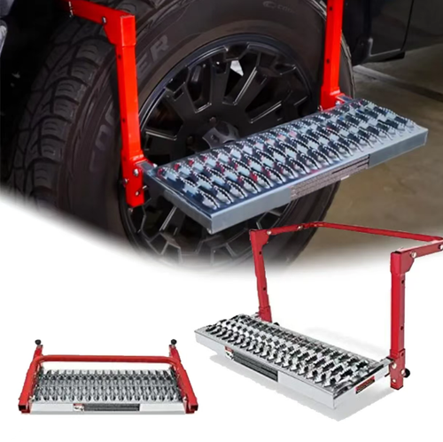 Car tire step foot pedal, by mounting the tire, it enables temporary elevation. It is suitable for SUVs and trucks. The metal frame is combined with anti-slip pedals. It has multiple adjustment levels and supports folding for storage, making it convenient to carry with the vehicle. Before using, it is necessary to confirm that the buckle is securely fastened. It is not allowed to exceed the load capacity and jumping or stepping on it is prohibited.