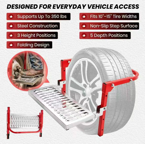 Car tire step foot pedal, by mounting the tire, it enables temporary elevation. It is suitable for SUVs and trucks. The metal frame is combined with anti-slip pedals. It has multiple adjustment levels and supports folding for storage, making it convenient to carry with the vehicle. Before using, it is necessary to confirm that the buckle is securely fastened. It is not allowed to exceed the load capacity and jumping or stepping on it is prohibited.