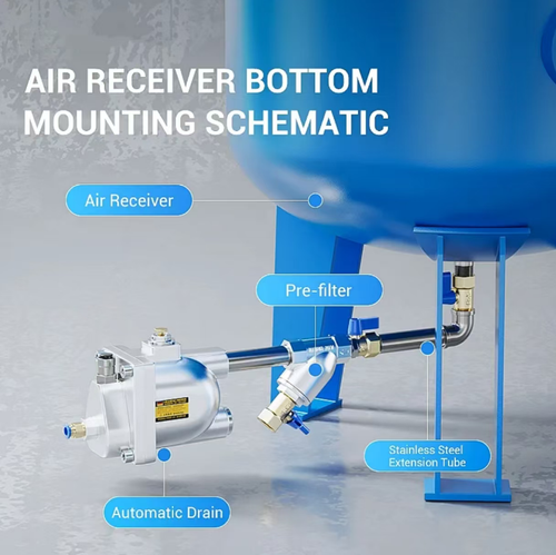 This pneumatic automatic drain device is designed to be compatible with the air compressor storage tank. It is driven by air pressure and does not require electricity connection. It automatically removes condensate water, reducing the need for manual operation. The metal casing is pressure-resistant and durable. It is equipped with a front filter to prevent impurities and reduce valve core jamming. It is suitable for various compressed air systems.