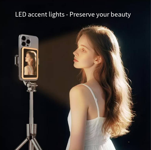 Magnetic Bluetooth selfie display, enabling the projection of the rear screen of the phone, real-time viewing and adjustment of the scene during selfie live streaming. Equipped with a variable brightness light, simple Bluetooth pairing, split magnetic structure, can be connected to an external power source, suitable for outdoor shooting. The imaging effect depends on the phone. Take good measures for moisture protection and it is suitable for short videos and portrait shooting.