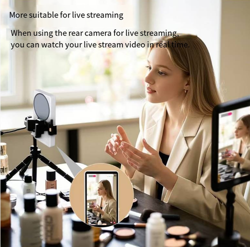 Magnetic Bluetooth selfie display, enabling the projection of the rear screen of the phone, real-time viewing and adjustment of the scene during selfie live streaming. Equipped with a variable brightness light, simple Bluetooth pairing, split magnetic structure, can be connected to an external power source, suitable for outdoor shooting. The imaging effect depends on the phone. Take good measures for moisture protection and it is suitable for short videos and portrait shooting.