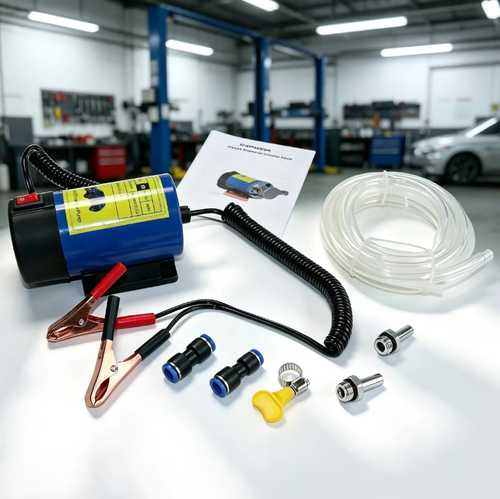 12V portable electric oil suction pump, uses crocodile clips to connect to the battery for power supply, has a gear pump structure, and comes with a transparent oil pipe. It is used for extracting old engine oil from cars and for self-service oil replacement. It is only suitable for lubricating oil and must not extract fuel. The operation should be away from open flames. After use, clean the pipeline and store it in a dry environment.