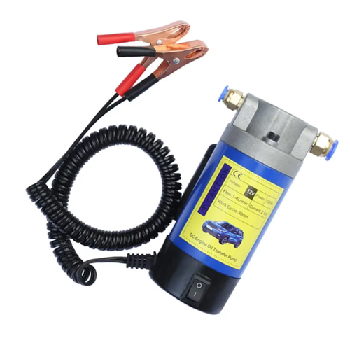 12V portable electric oil suction pump, uses crocodile clips to connect to the battery for power supply, has a gear pump structure, and comes with a transparent oil pipe. It is used for extracting old engine oil from cars and for self-service oil replacement. It is only suitable for lubricating oil and must not extract fuel. The operation should be away from open flames. After use, clean the pipeline and store it in a dry environment.