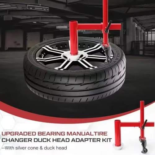 Upgraded manual tire changing nose kit, featuring silver guiding cones, thickened welded brackets, and lever-effort-saving design. It assists in adjusting the position of the nose to facilitate the disassembly and assembly of large vehicle pneumatic tires, reducing rim collisions. When working on a hard surface, apply force steadily. After use, clean and maintain it. Suitable for auto repair and mobile tire repair scenarios.