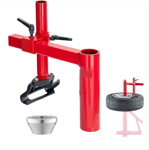 Upgraded manual tire changing nose kit, featuring silver guiding cones, thickened welded brackets, and lever-effort-saving design. It assists in adjusting the position of the nose to facilitate the disassembly and assembly of large vehicle pneumatic tires, reducing rim collisions. When working on a hard surface, apply force steadily. After use, clean and maintain it. Suitable for auto repair and mobile tire repair scenarios.