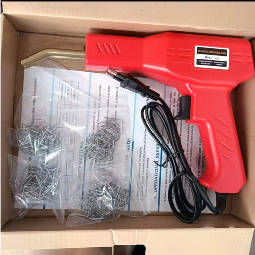Plastic hot-melt repair welding gun, equipped with 200 large-wave welding nails, is used for repairing fractures in car bumpers and various hard plastic parts. The high-temperature hot-melt welding nails reinforce the cracks and the operation is simple. During the operation, proper heat protection must be taken. It is only applicable to hot-melt plastics. After power-off and when the gun head cools down, it should be stored.