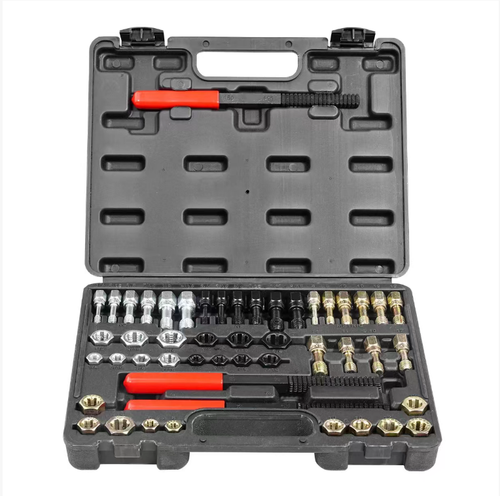This set of thread repair tool kit is stored in a hard tool box and includes various specifications of accessories such as taps, die sets, and wrenches. It can be used to smooth out rust, burrs, and minor damages on both the inner and outer threads, restoring the engagement of screws and nuts. It is suitable for automotive repair and hardware maintenance. The operation requires applying force evenly. After use, clean up properly and store it in a safe place.
