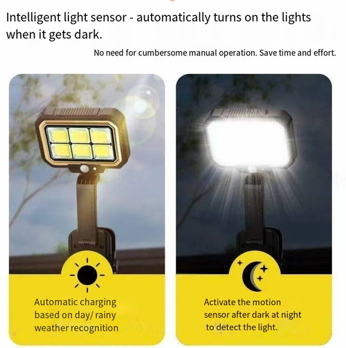 This clip-type solar wall lamp is equipped with human body sensing. It will automatically turn on when sensing the presence of a person in the dark. The lamp head can rotate at multiple angles and can be either clipped or fixedly installed. The shell has outdoor protection. It offers multiple lighting settings, which can be used for night lighting in the garden or as a study light on the desktop. It uses solar power for charging and the wiring is simple.