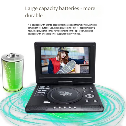 This 7.8-inch portable mobile DVD player features a flip-up rotating screen. It supports DVD and VCD discs for playback, and can also read USB audio and video files. It comes with built-in speakers and a game controller. It supports both home and car power supply. The button operation is simple, making it suitable for children's early education and learning, as well as for entertainment during travel. It comes with complete accessories and can be used right out of the box.
