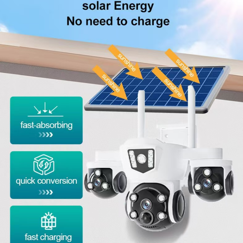 This 4G solar-powered three-camera surveillance camera features a 6-megapixel high-definition image quality. It is equipped with a human infrared sensor, low-power design, outdoor waterproof casing, and is powered by solar cells. It supports remote viewing via mobile phone and has infrared and full-color night vision functions. It is a practical surveillance device for outdoor areas without power supply.