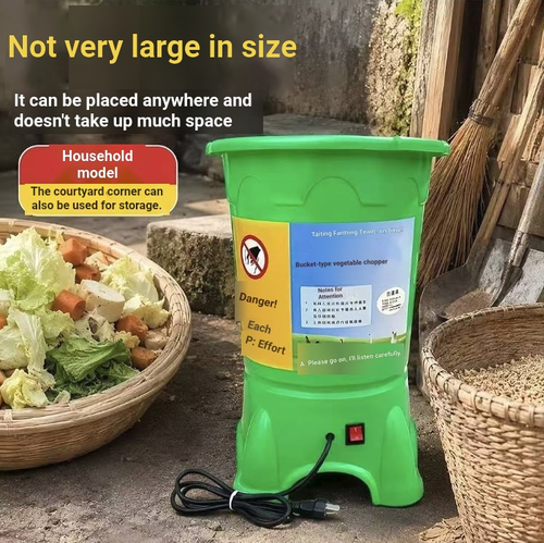 Bucket-type electric vegetable chopper is suitable for crushing green vegetables and cabbages for home farming, as well as for making poultry green feed. The thick plastic bucket body is easy to operate, with one-button start and stop, a large feeding port, and uniform chopping of vegetable leaves. It is convenient to clean and occupies a small space. It is a practical tool for small-scale farmers to handle green feed.