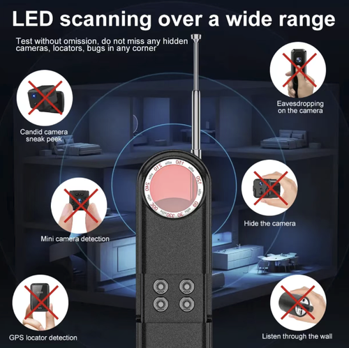 Portable detector, featuring dual modes of wireless signal detection and infrared scanning, can assist in identifying hidden cameras and wireless eavesdropping devices. The telescopic antenna is combined with a signal indicator light, and it comes with a built-in flashlight for illumination. It has multiple sensitivity settings that can be adjusted. Suitable for hotels, guesthouses, and other places as an auxiliary tool for privacy protection.