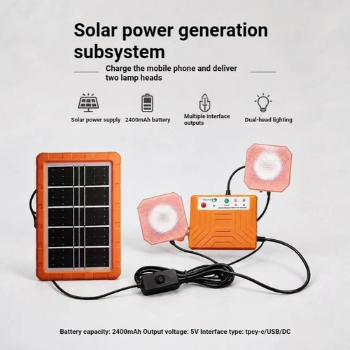 Solar emergency energy storage power supply kit, including solar panels, energy storage main unit and two LED lights. It can autonomously store energy under outdoor light conditions, providing both lighting and emergency charging for small electronic devices. The split design makes it convenient to carry and suitable for camping and emergency situations during household power outages. It is a practical energy storage and lighting tool for scenarios away from the power grid.