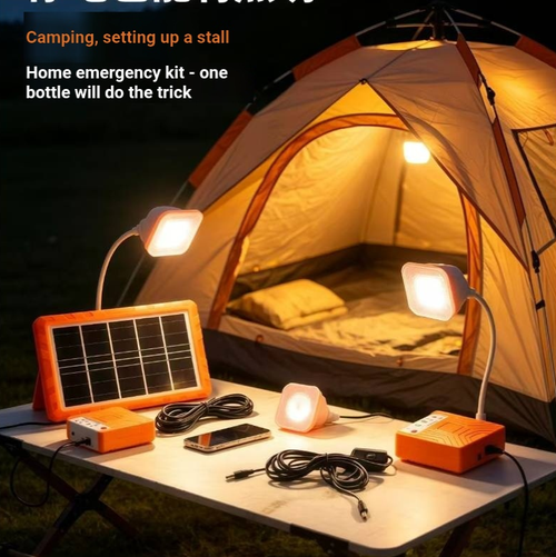 Solar emergency energy storage power supply kit, including solar panels, energy storage main unit and two LED lights. It can autonomously store energy under outdoor light conditions, providing both lighting and emergency charging for small electronic devices. The split design makes it convenient to carry and suitable for camping and emergency situations during household power outages. It is a practical energy storage and lighting tool for scenarios away from the power grid.
