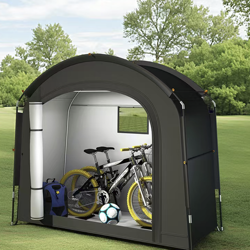 Outdoor folding bicycle tent, 210D Oxford fabric, can provide shade, rain protection and dust prevention. It can be used for parking the bicycle or for camping and picnics. Fiberglass frame, easy to set up, small storage volume, equipped with a storage bag and ground pegs. Suitable for short-distance cycling and camping. Do not use in bad weather. Provides basic shade and dust protection for the bicycle and personal belongings.