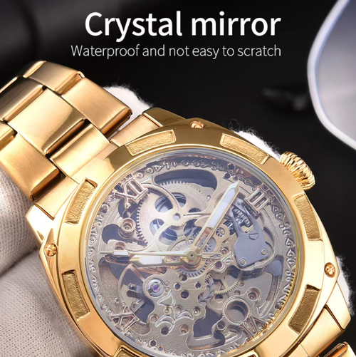 The new model of open-work automatic mechanical watch features a stainless steel case and strap, with an adjustable steel chain. The open-work engraved dial is paired with luminous hour markers. It automatically winds the movement through arm movement and is precisely adjusted for smooth timekeeping. It is also water-resistant. The tough and elegant design is suitable for various occasions and can be worn daily or given as a gift.